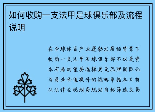 如何收购一支法甲足球俱乐部及流程说明
