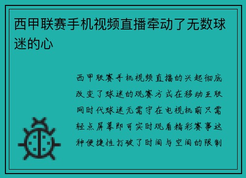 西甲联赛手机视频直播牵动了无数球迷的心